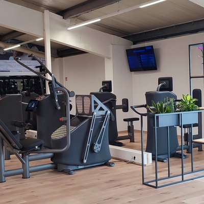 Fitnessbereich mit Trainingsmaschinen, Holzfußboden und dekorativem Regal mit Pflanzen im Vordergrund.