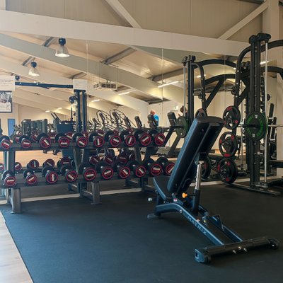 Kraftbereich in einem Fitnessstudio mit Hanteln, Bank und Trainingsgeräten.